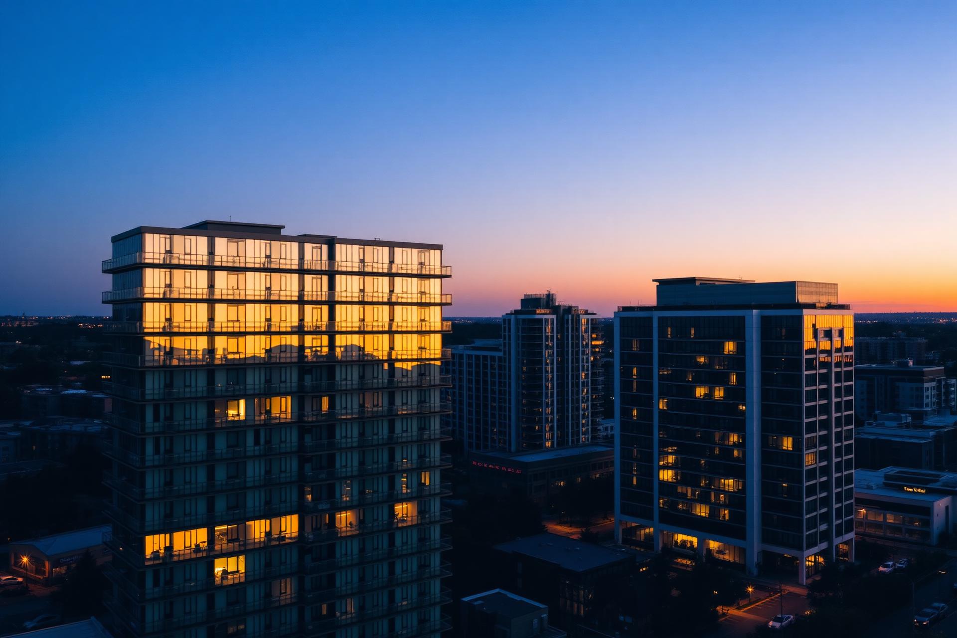 Modern multifamily and commercial buildings at twilight